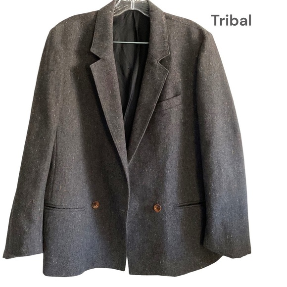 Vintage TRIBAL Gray Wool Blend Women Blazer Suit Jacket Size 13 - Picture 1 of 6